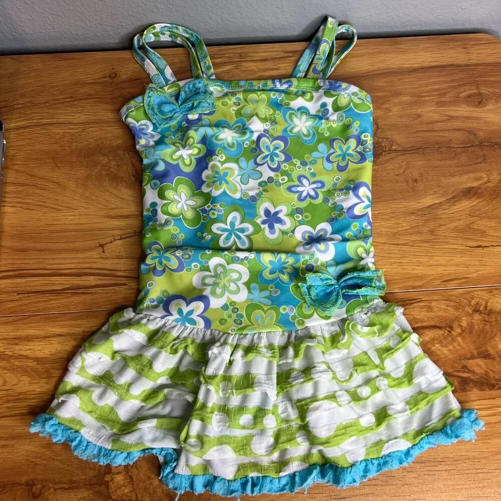 Frankie & Daisy 2 Piece Swimsuit Girls Size 6X Retro Floral‎ Ruffle Tankini